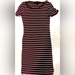 90s Preppy Casual Stretchy Maroon White Striped Medium Mini Dress Forever 21